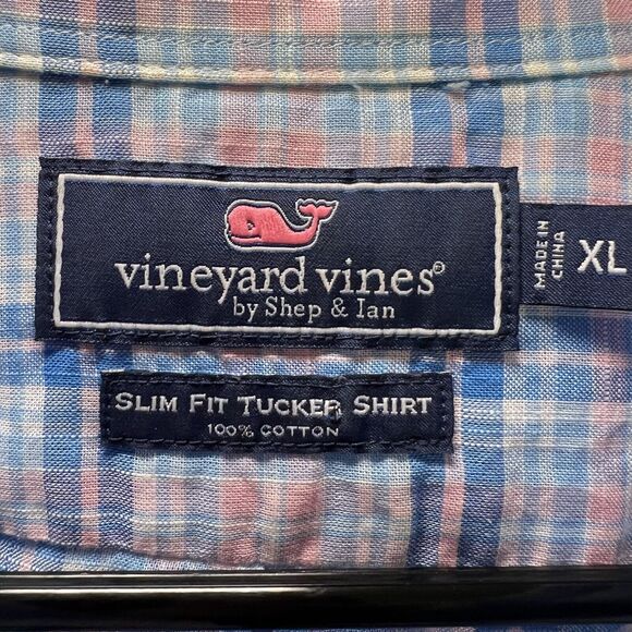 Vineyard Vines Button Down Slim Fit Tucker Shirt Mens Size XL Blue Pink Plaid - Picture 5 of 8